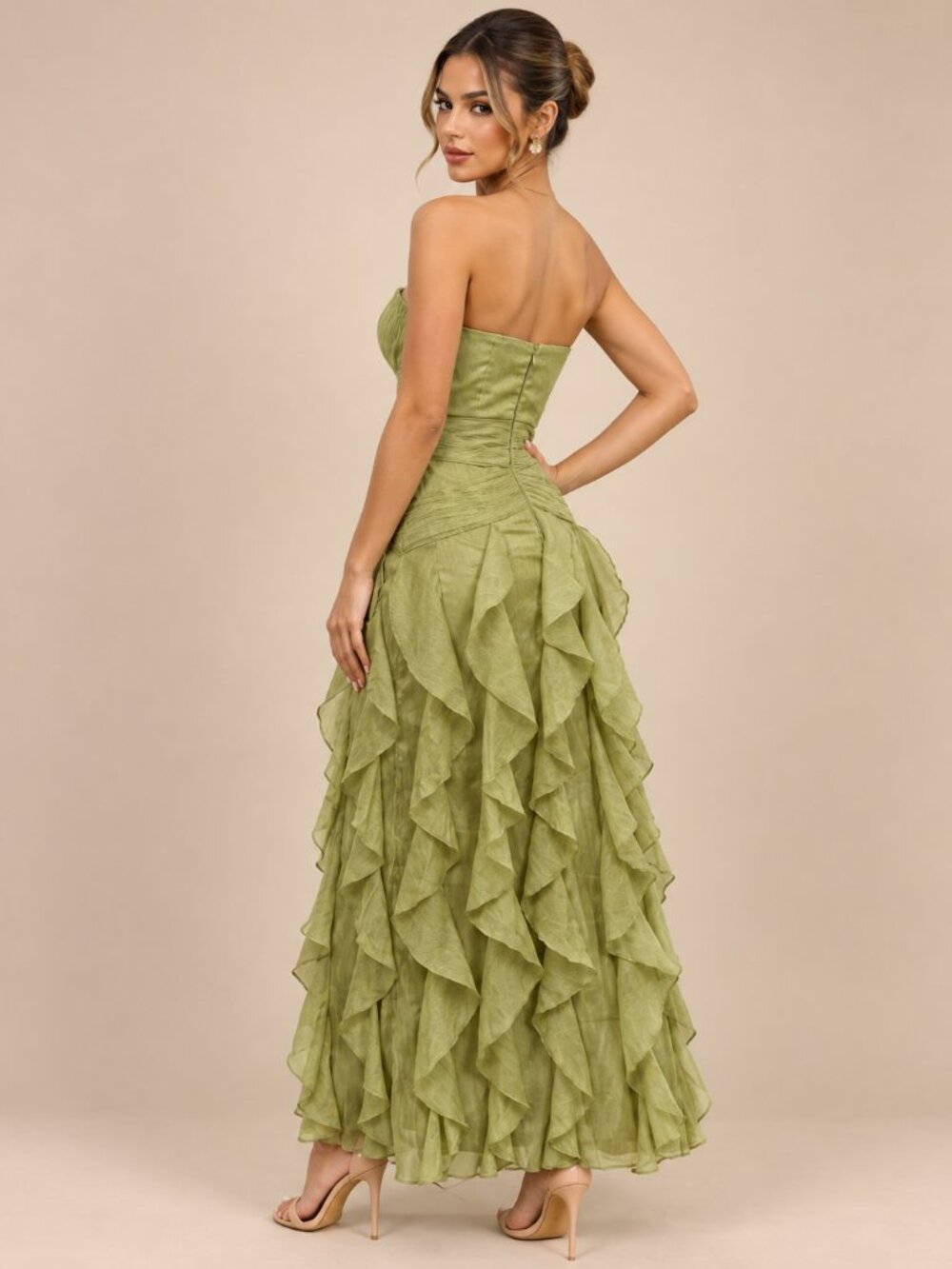 Olive Strapless Ruffle Detail Ruched Maxi Dress - Picture 2 of 2
